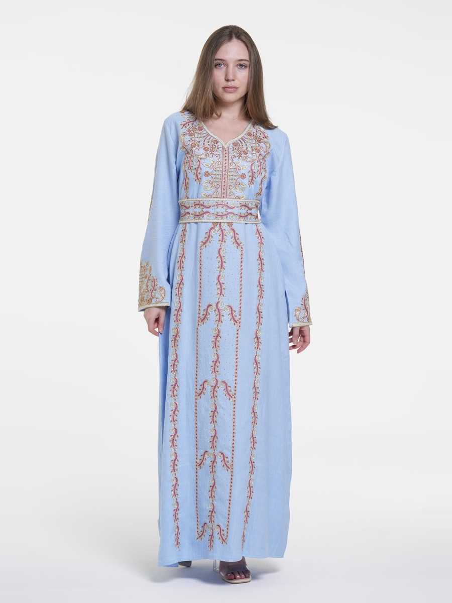 Linen Belted Embroidered Jalabiya