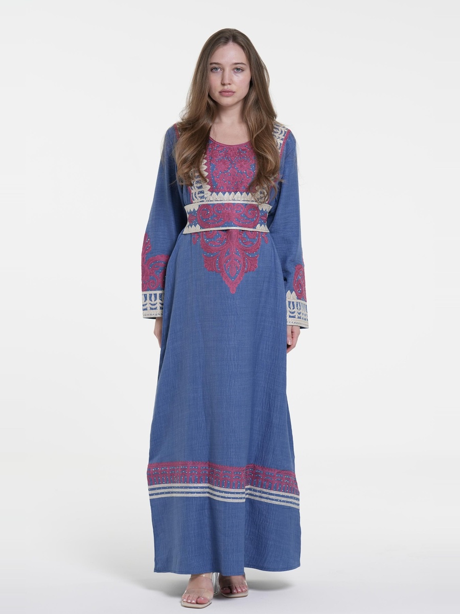 Linen Belted Embroidered Jalabiya