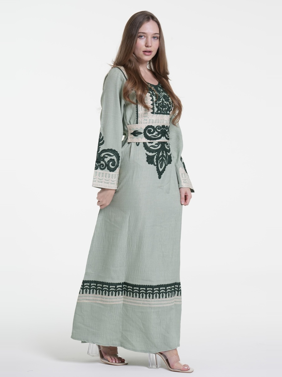 Linen Belted Embroidered Jalabiya
