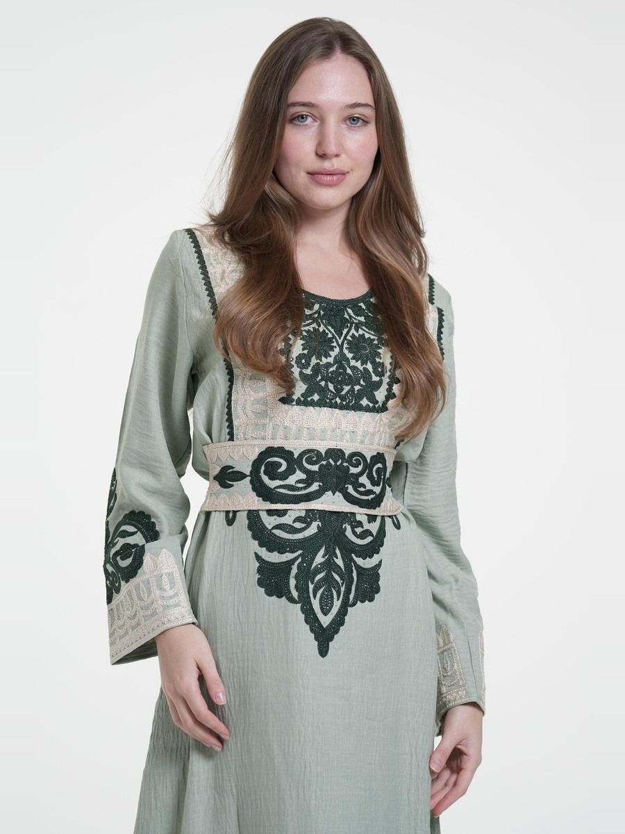 Linen Belted Embroidered Jalabiya