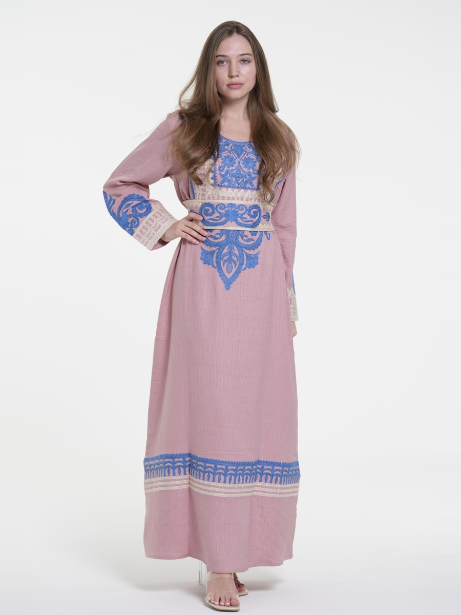 Linen Belted Embroidered Jalabiya