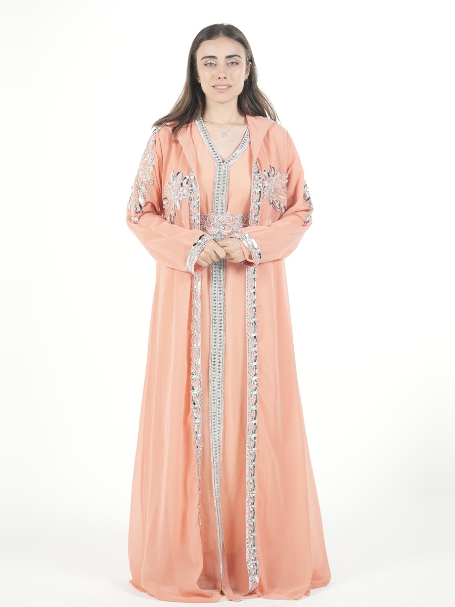 Peach Embroidered Belted Kaftan