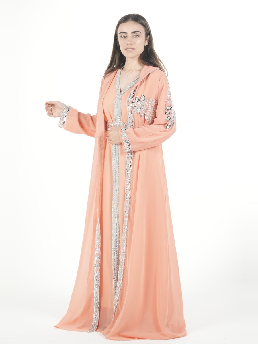 Peach Embroidered Belted Kaftan