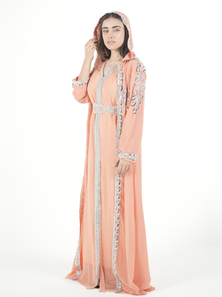 Peach Embroidered Belted Kaftan