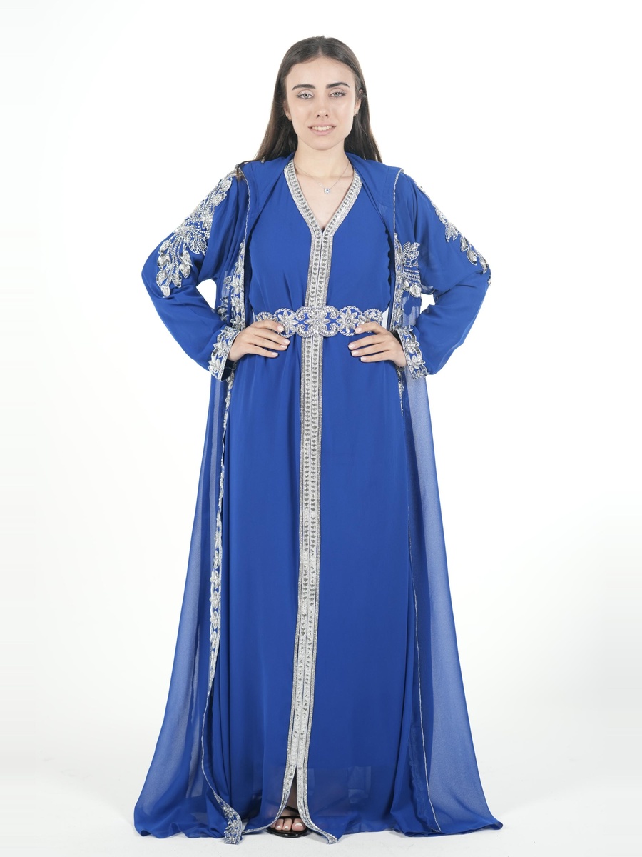 Blue Embroidered Belted Kaftan