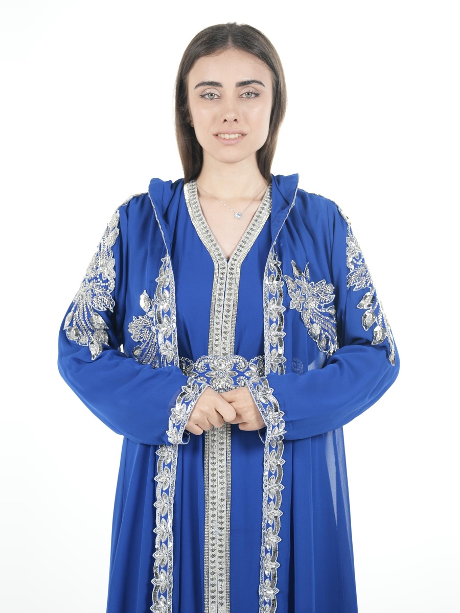 Blue Embroidered Belted Kaftan