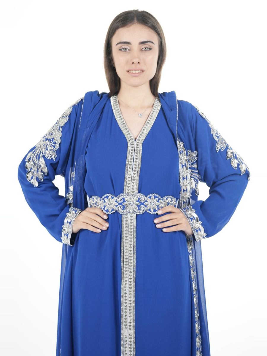Blue Embroidered Belted Kaftan
