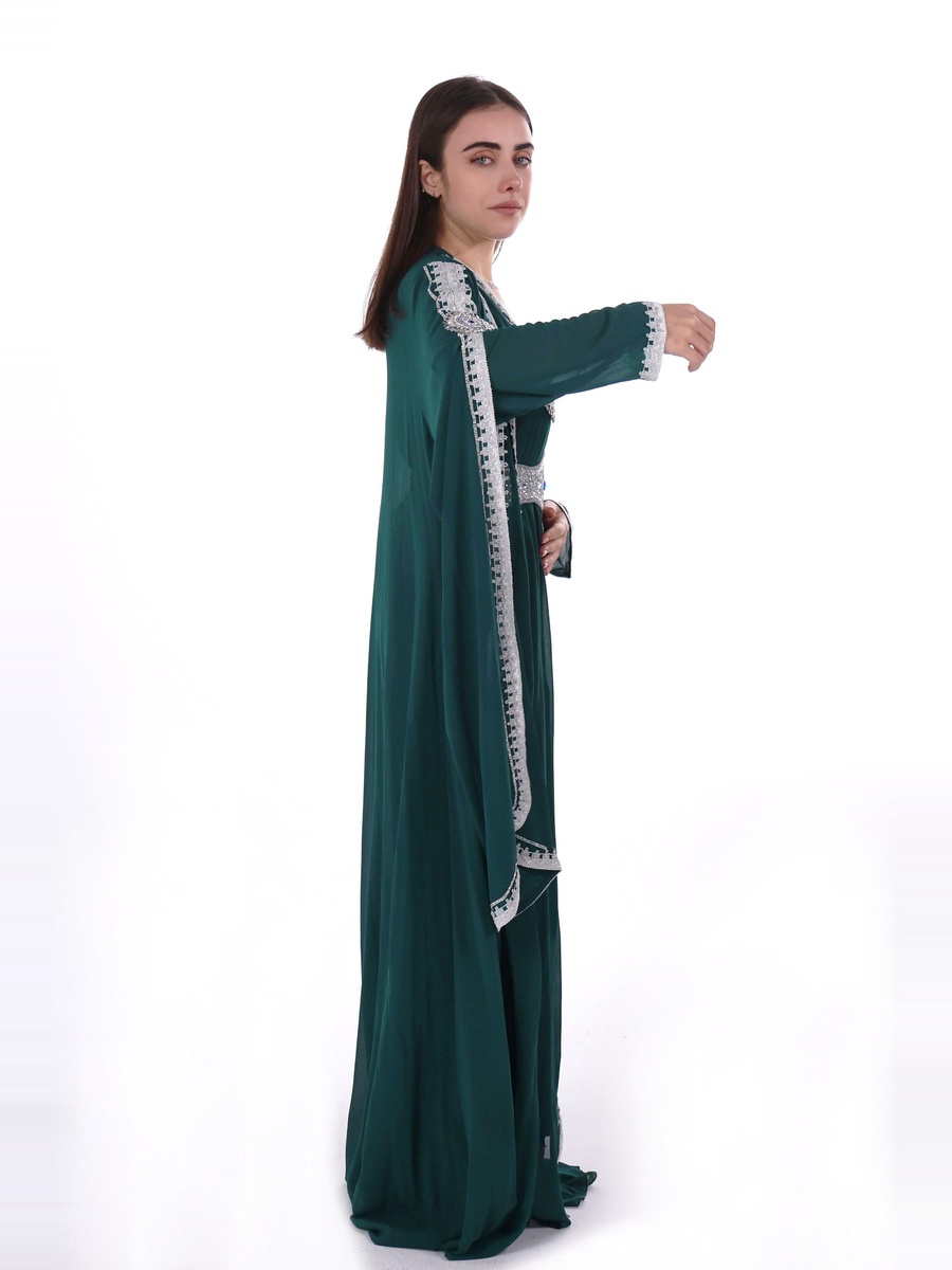 Dark Green Embroidered Belted Kaftan