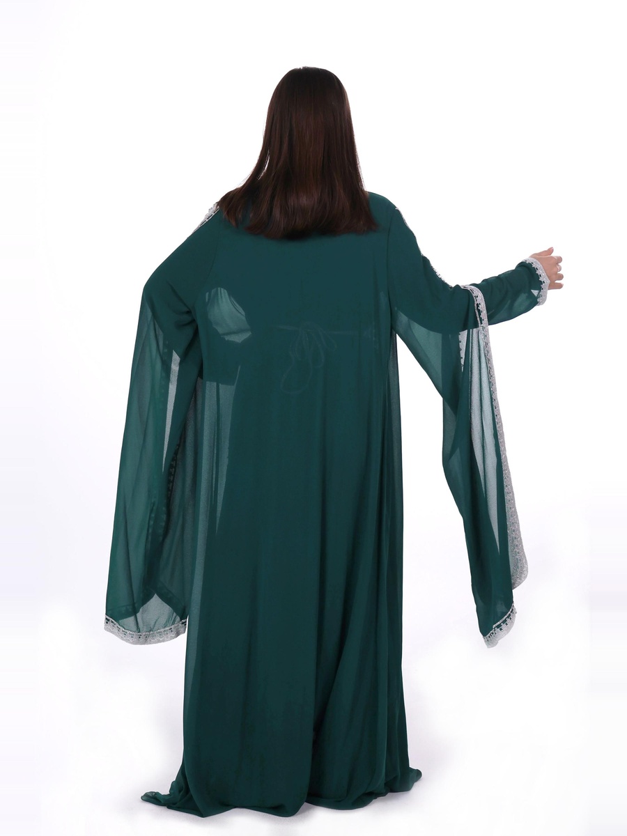 Dark Green Embroidered Belted Kaftan