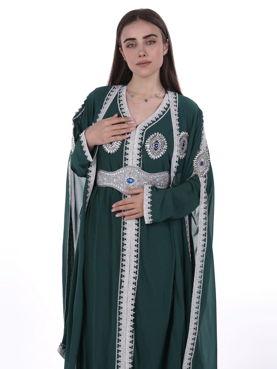 Dark Green Embroidered Belted Kaftan