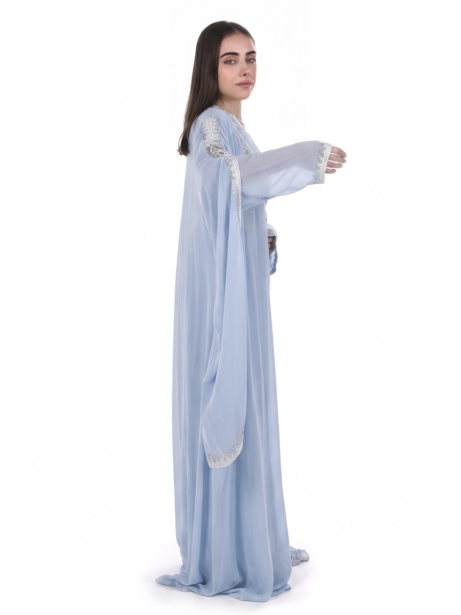 Light Blue Embroidered Belted Kaftan