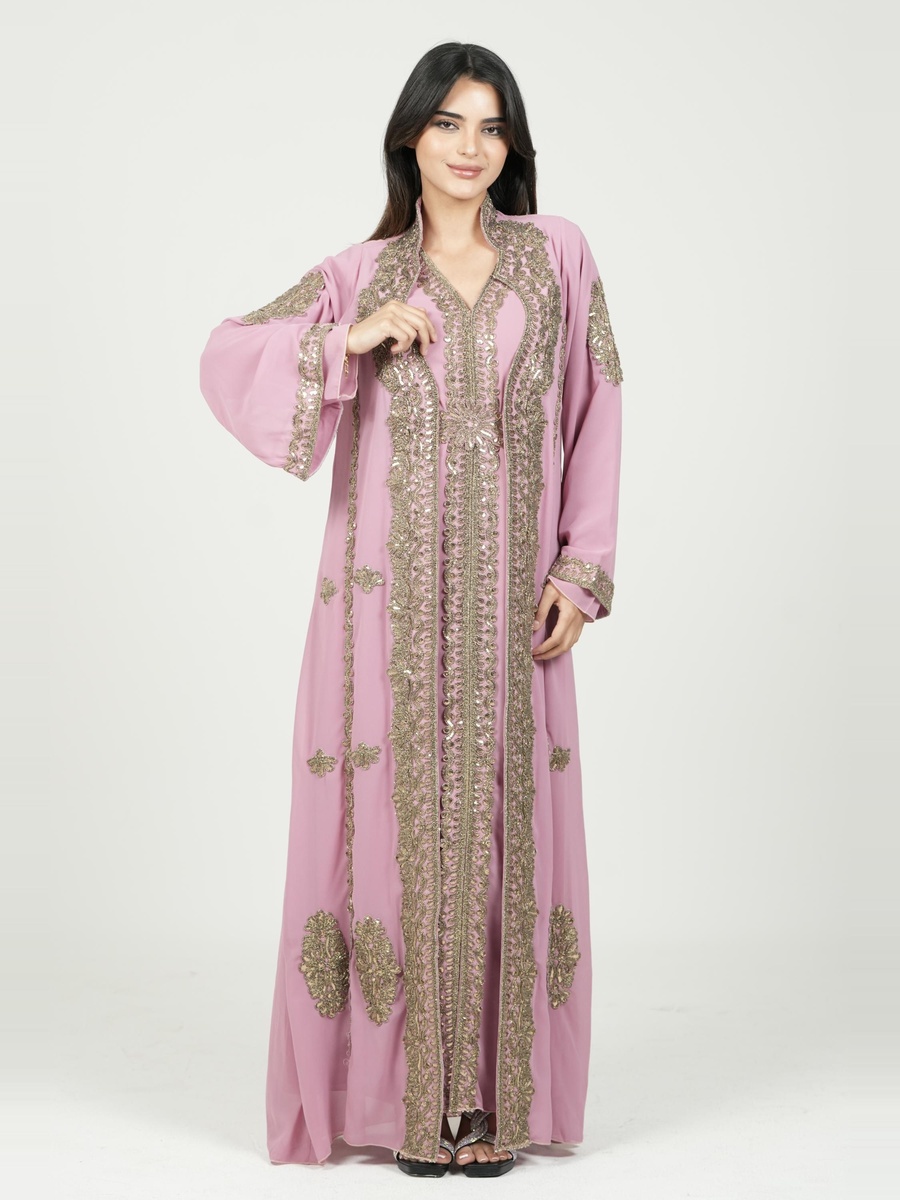 Pink Embroidered Belted Kaftan