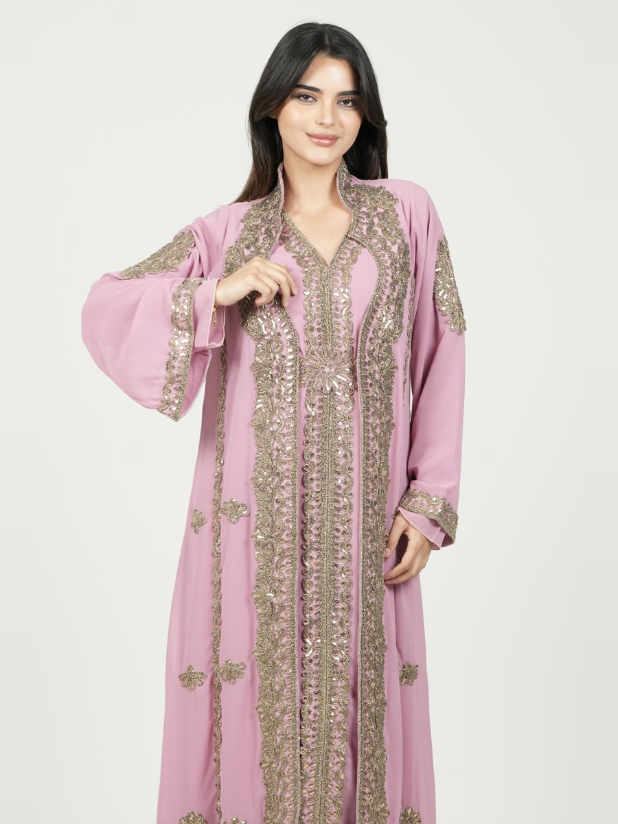 Pink Embroidered Belted Kaftan