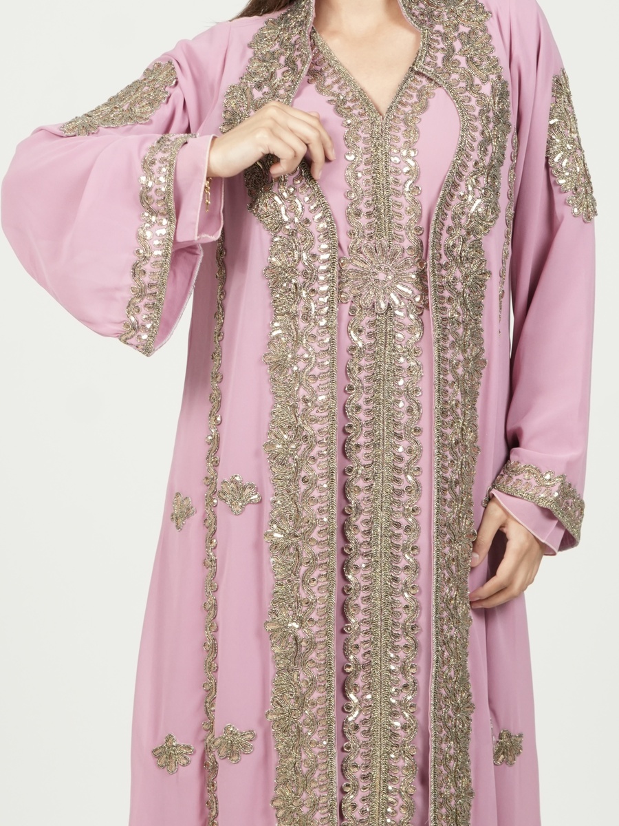 Pink Embroidered Belted Kaftan