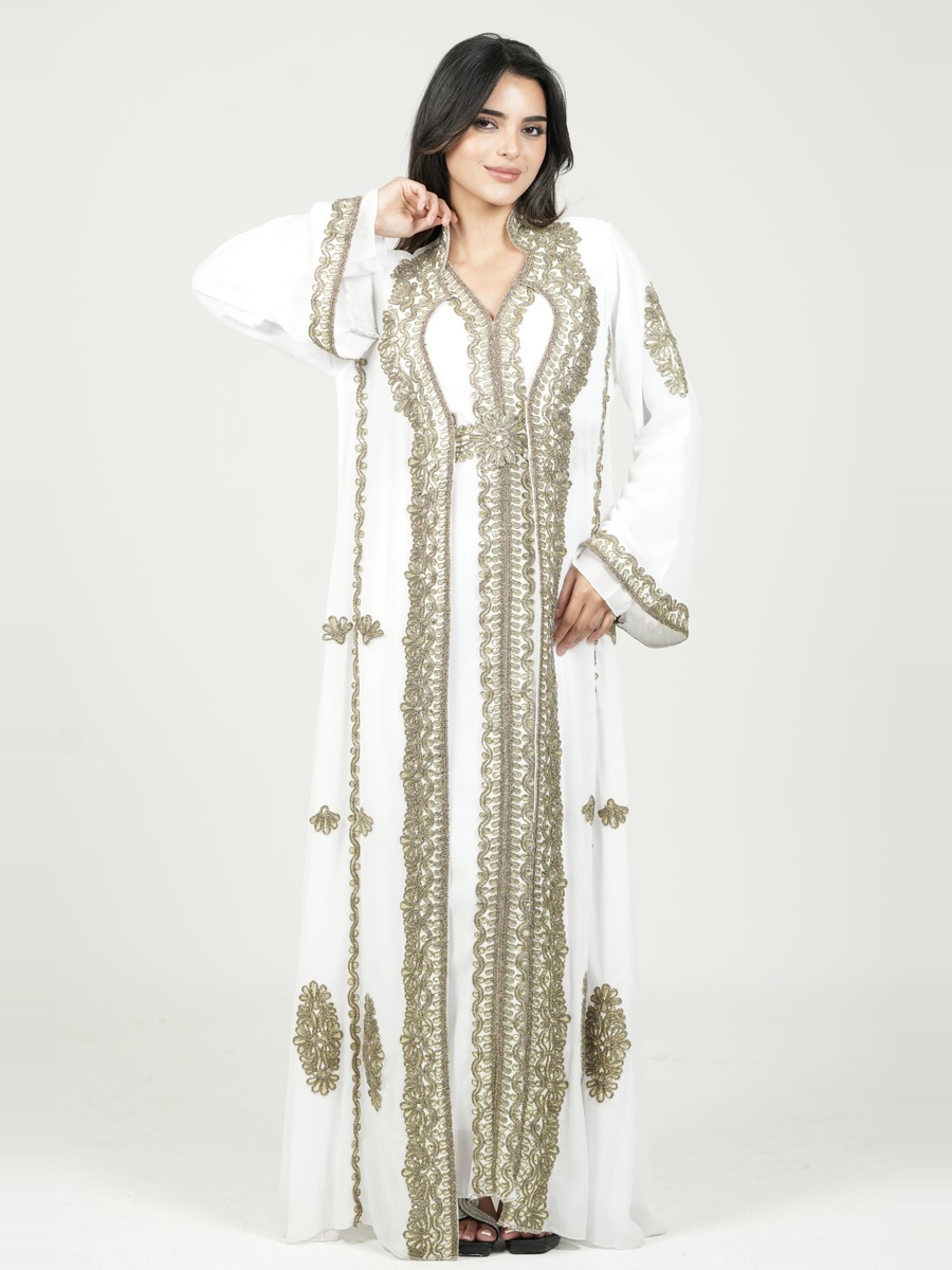 White Embroidered Belted Kaftan