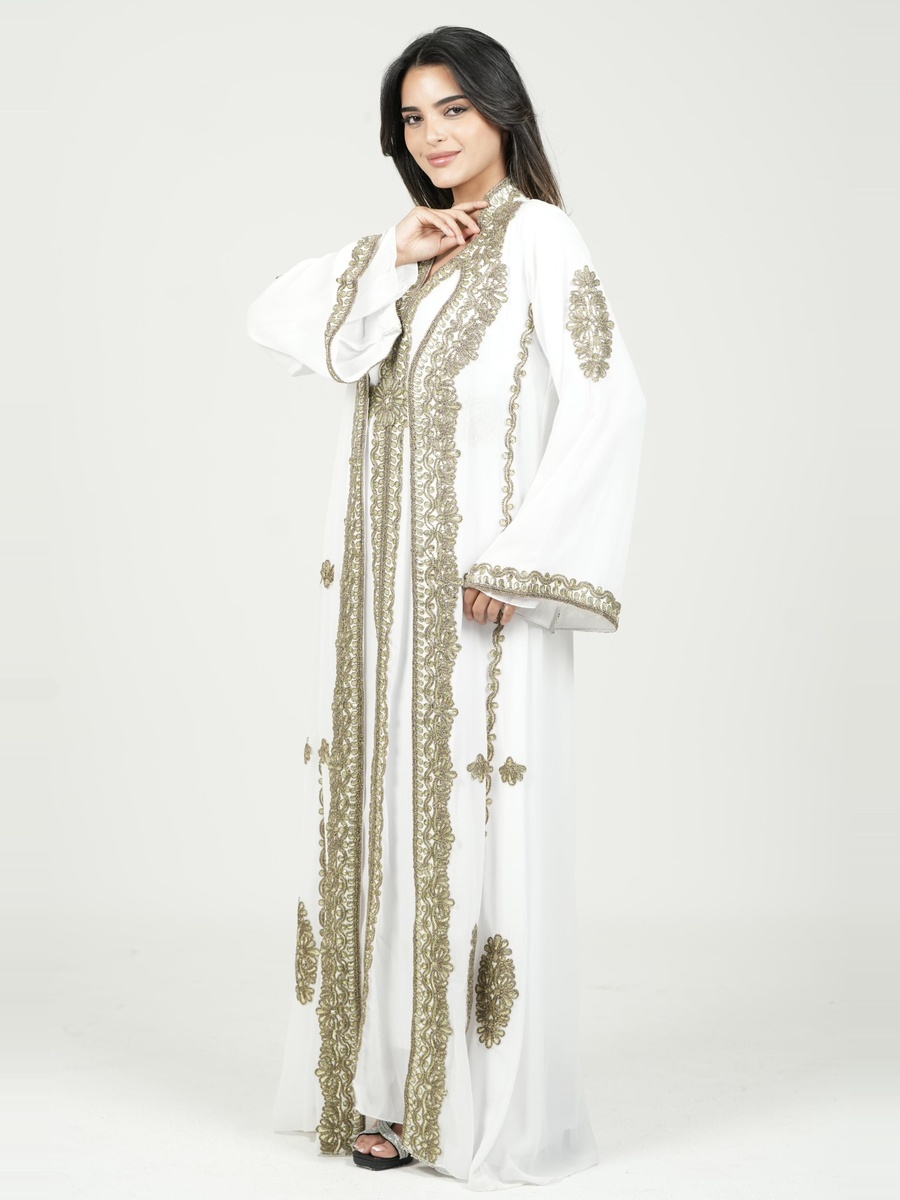 White Embroidered Belted Kaftan
