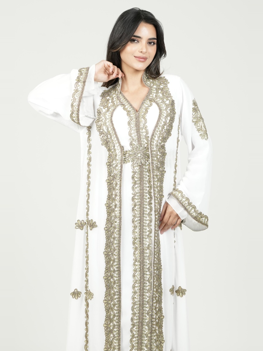 White Embroidered Belted Kaftan