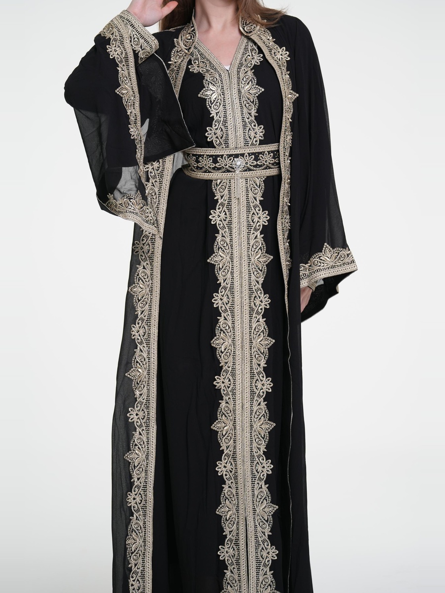 Black Embroidered Belted Kaftan