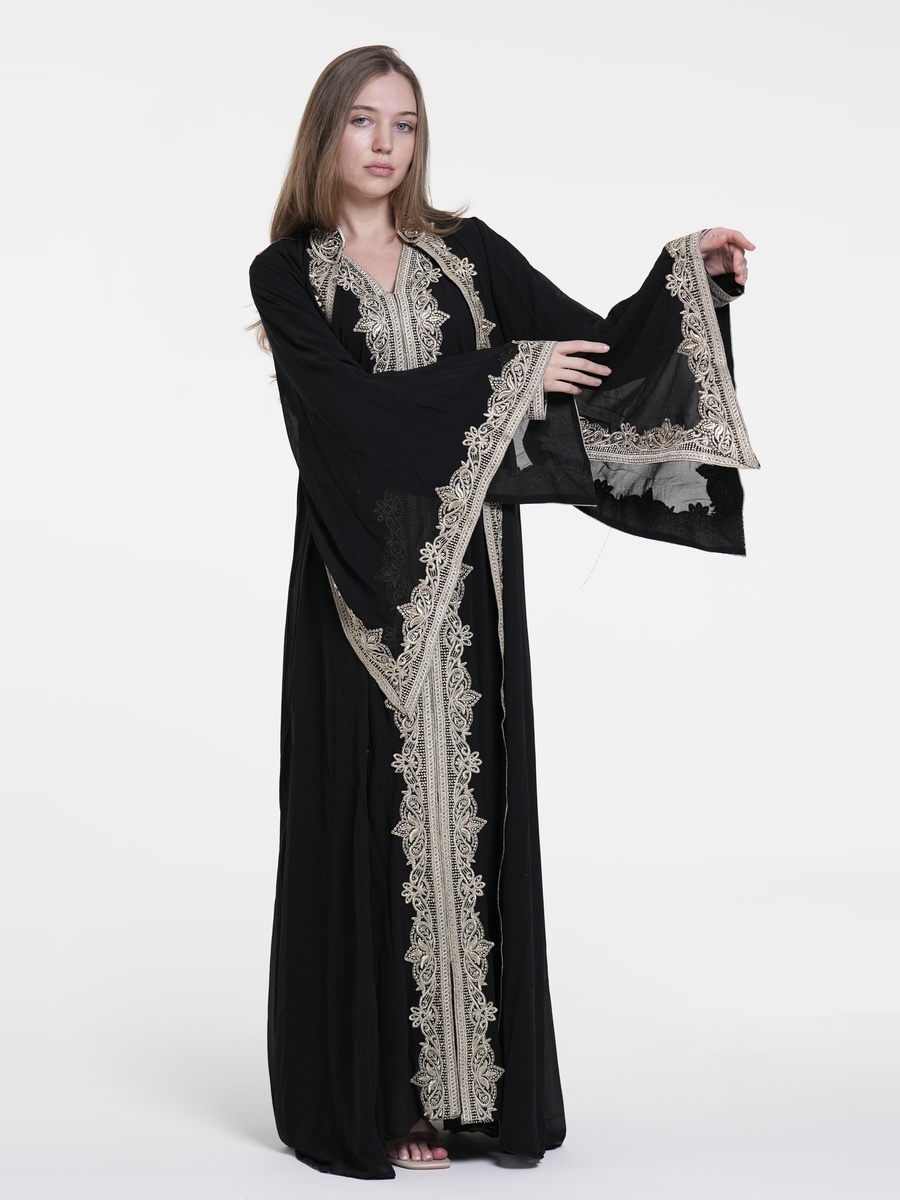 Black Embroidered Belted Kaftan