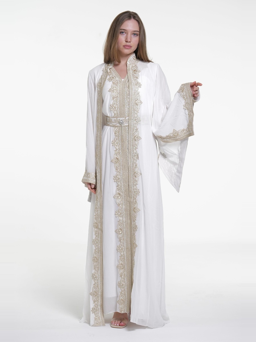 White Embroidered Belted Kaftan