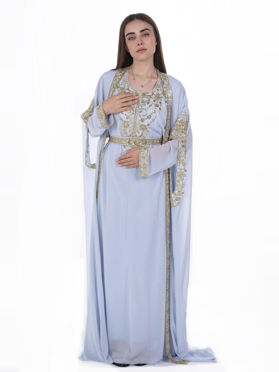 Light Blue Embroidered Belted Kaftan
