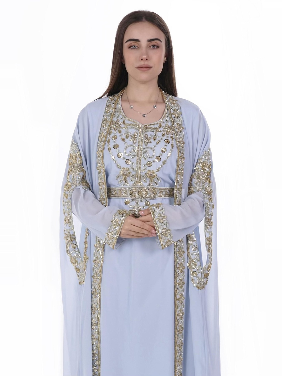 Light Blue Embroidered Belted Kaftan