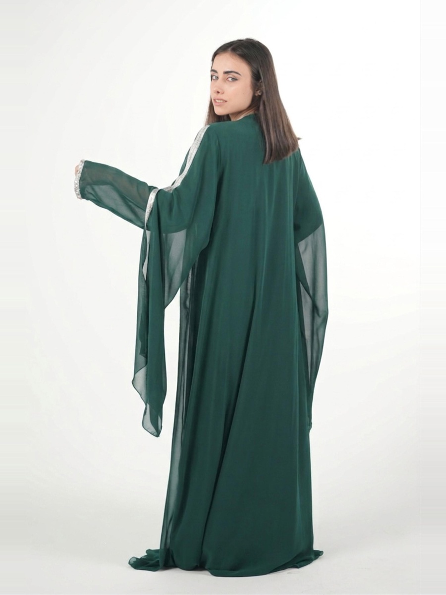 Dark Green Embroidered Belted Kaftan