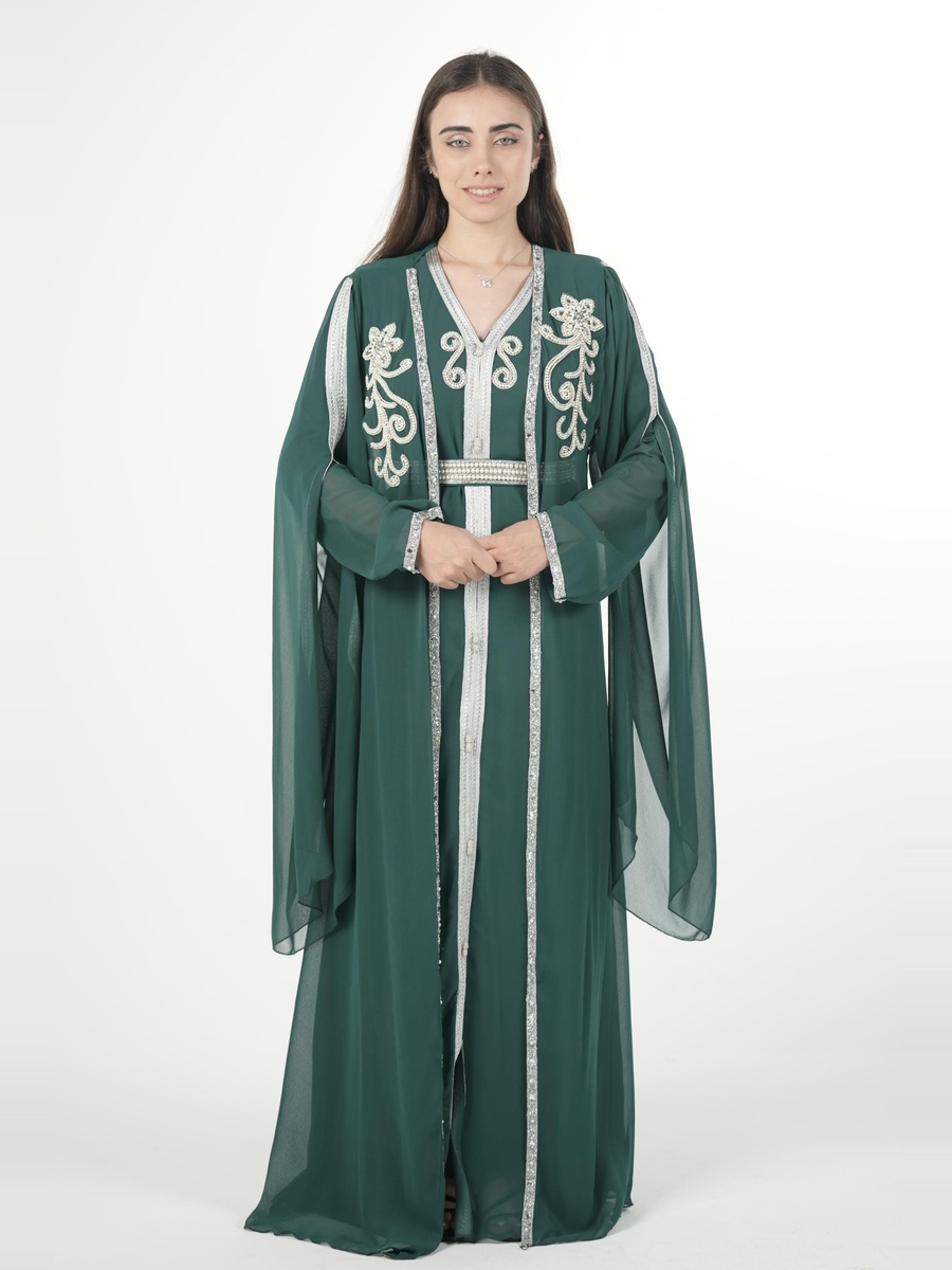 Dark Green Embroidered Belted Kaftan