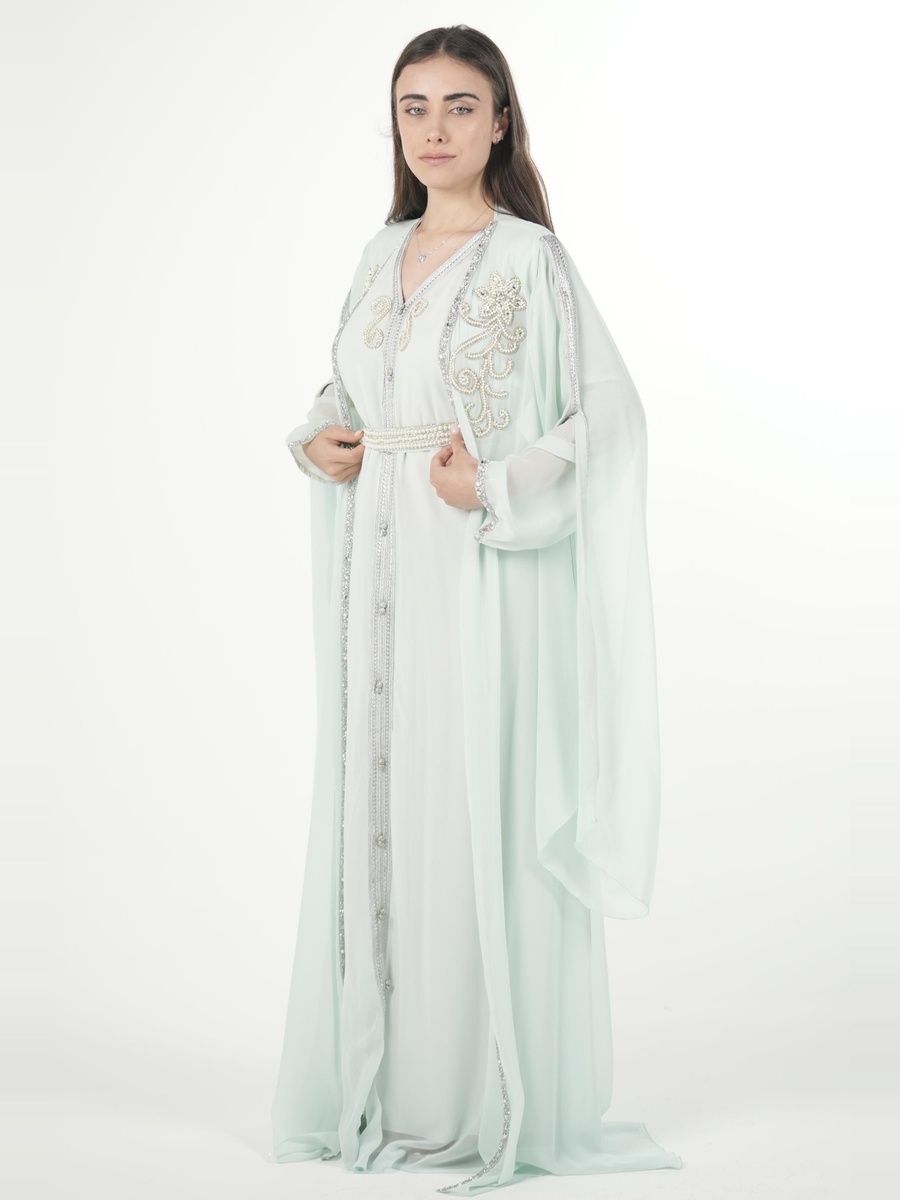 Turquoise Embroidered Belted Kaftan