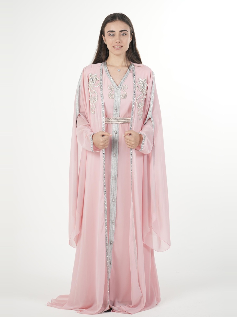 Pink Embroidered Belted Kaftan
