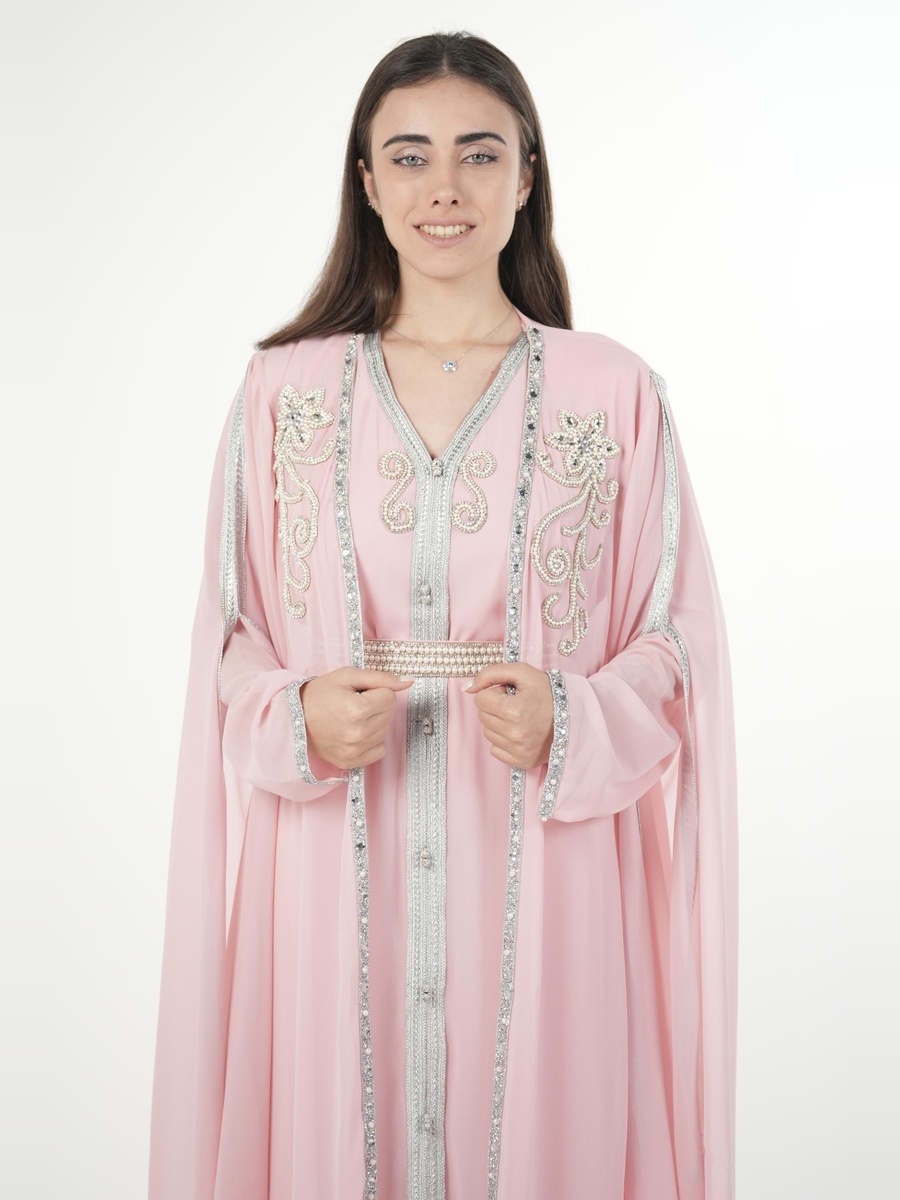 Pink Embroidered Belted Kaftan