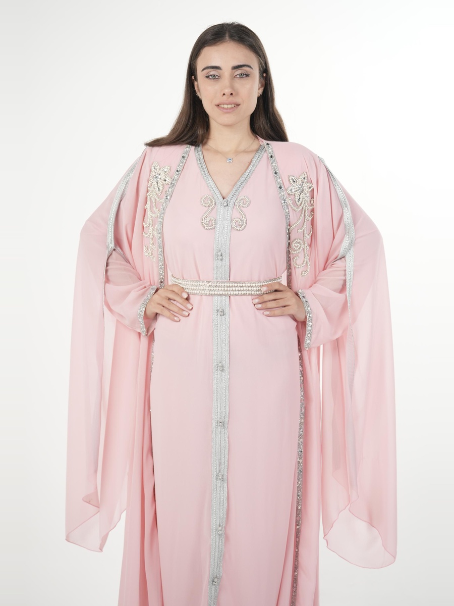 Pink Embroidered Belted Kaftan