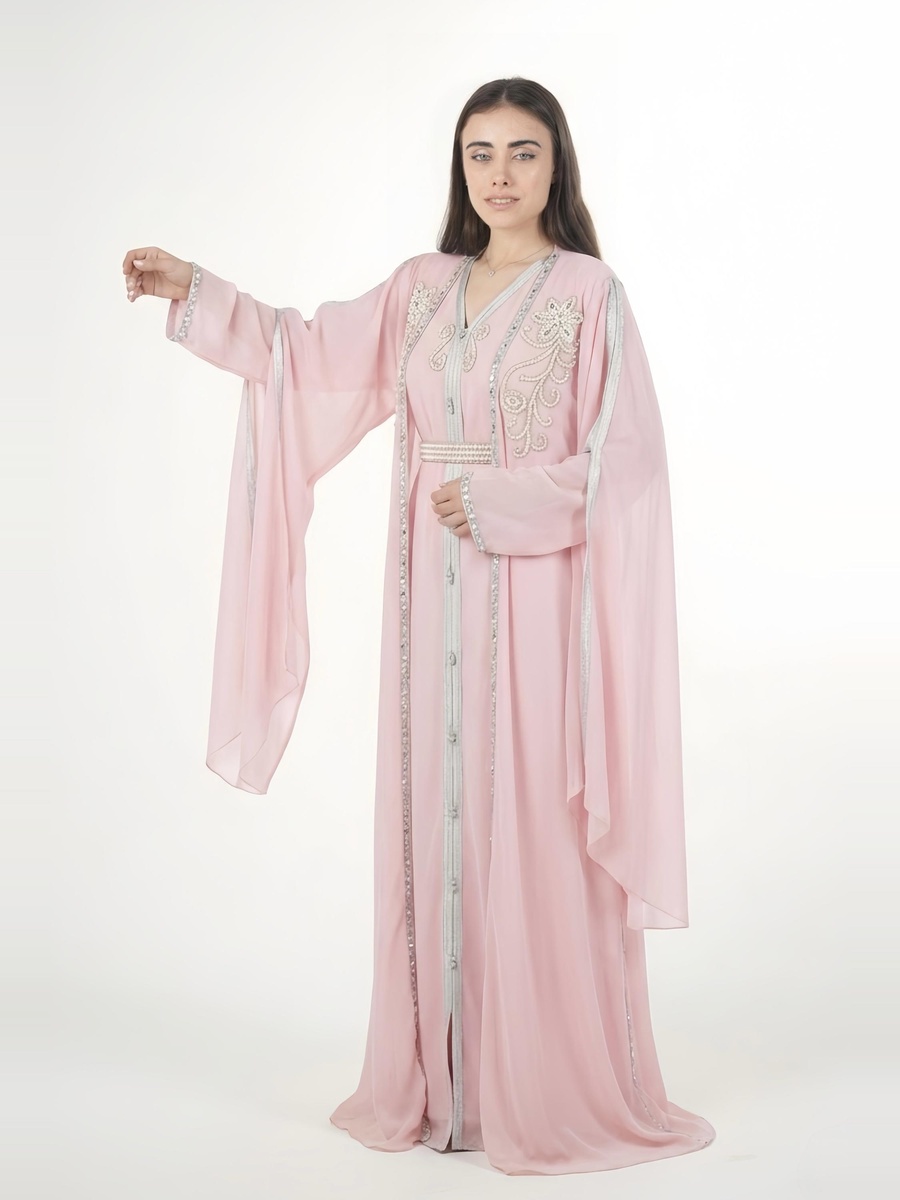 Pink Embroidered Belted Kaftan