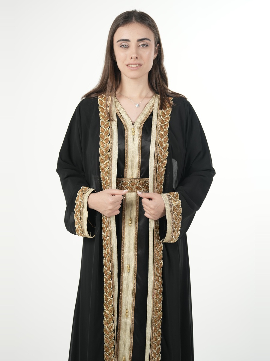 Black Satin Embroidered Belted Kaftan