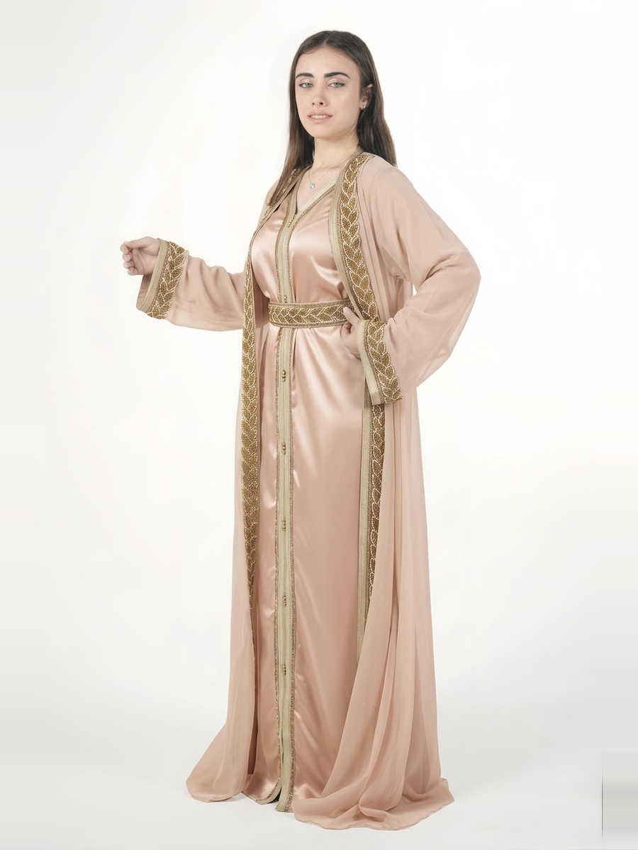 Pink Satin Embroidered Belted Kaftan