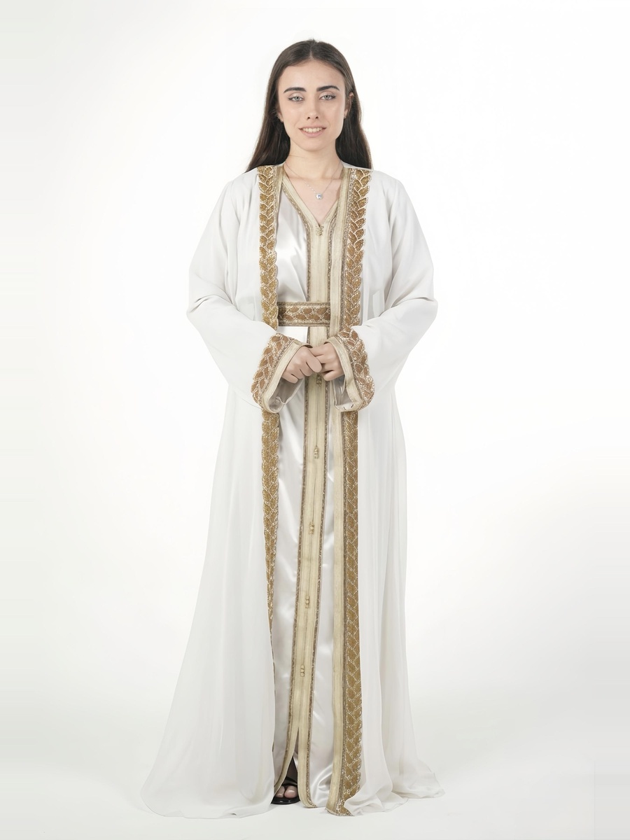 White Satin Embroidered Belted Kaftan