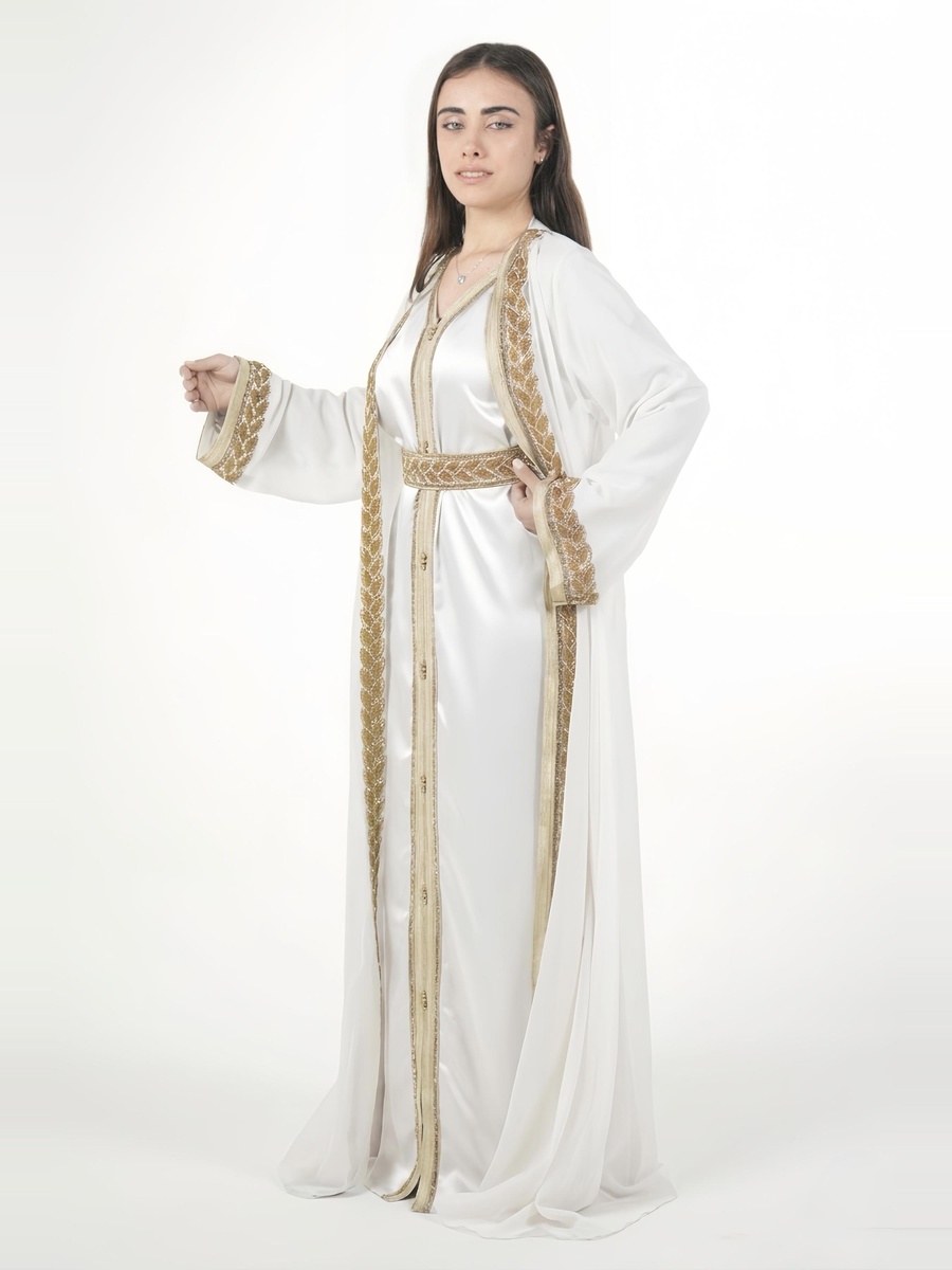 White Satin Embroidered Belted Kaftan