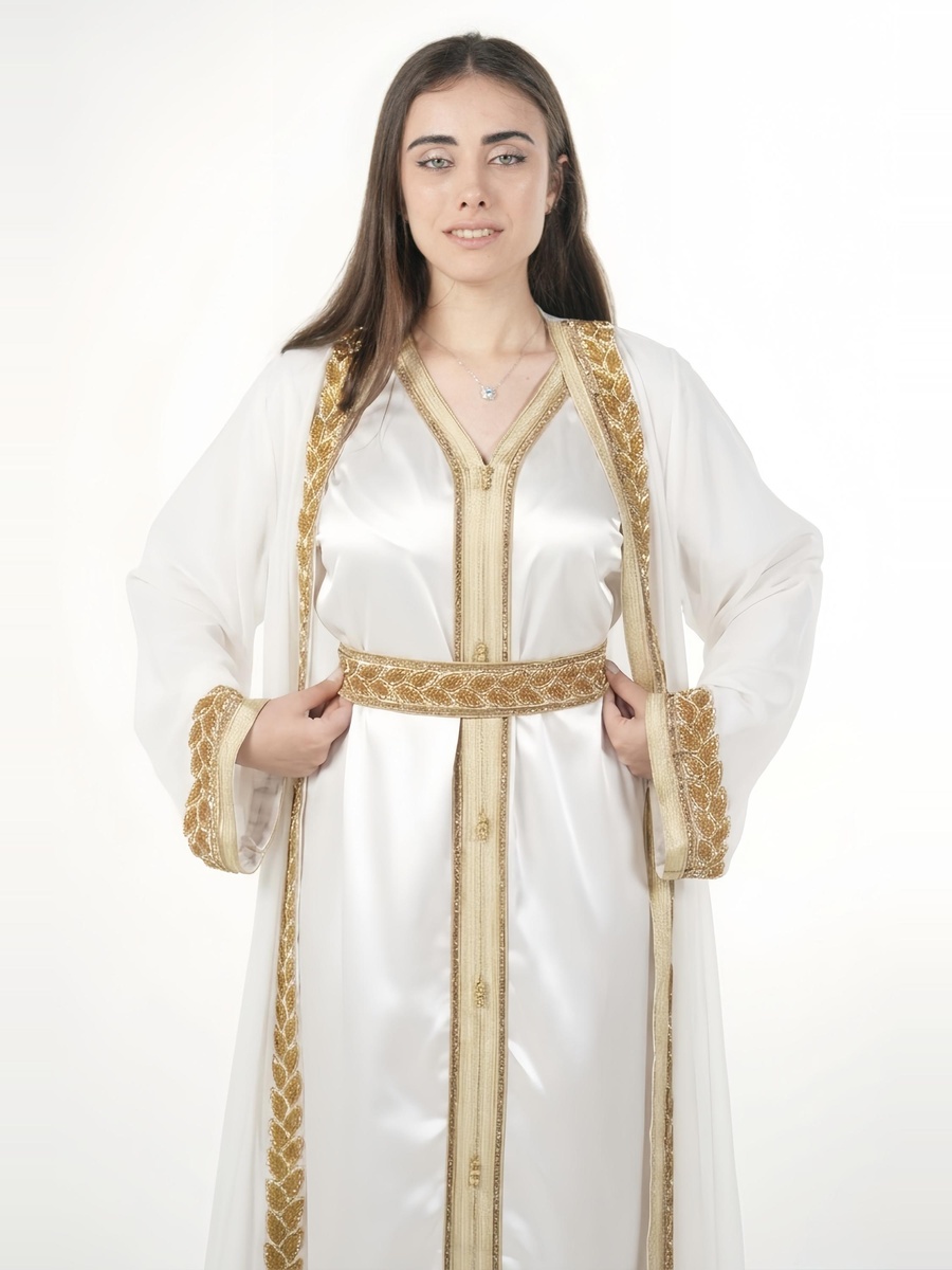 White Satin Embroidered Belted Kaftan