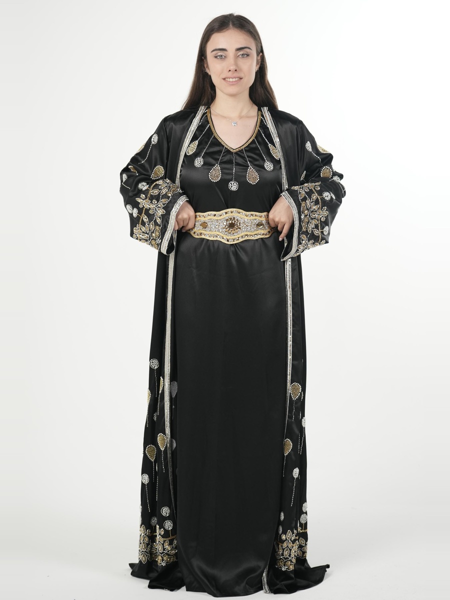 Black Satin Embroidered Belted Kaftan