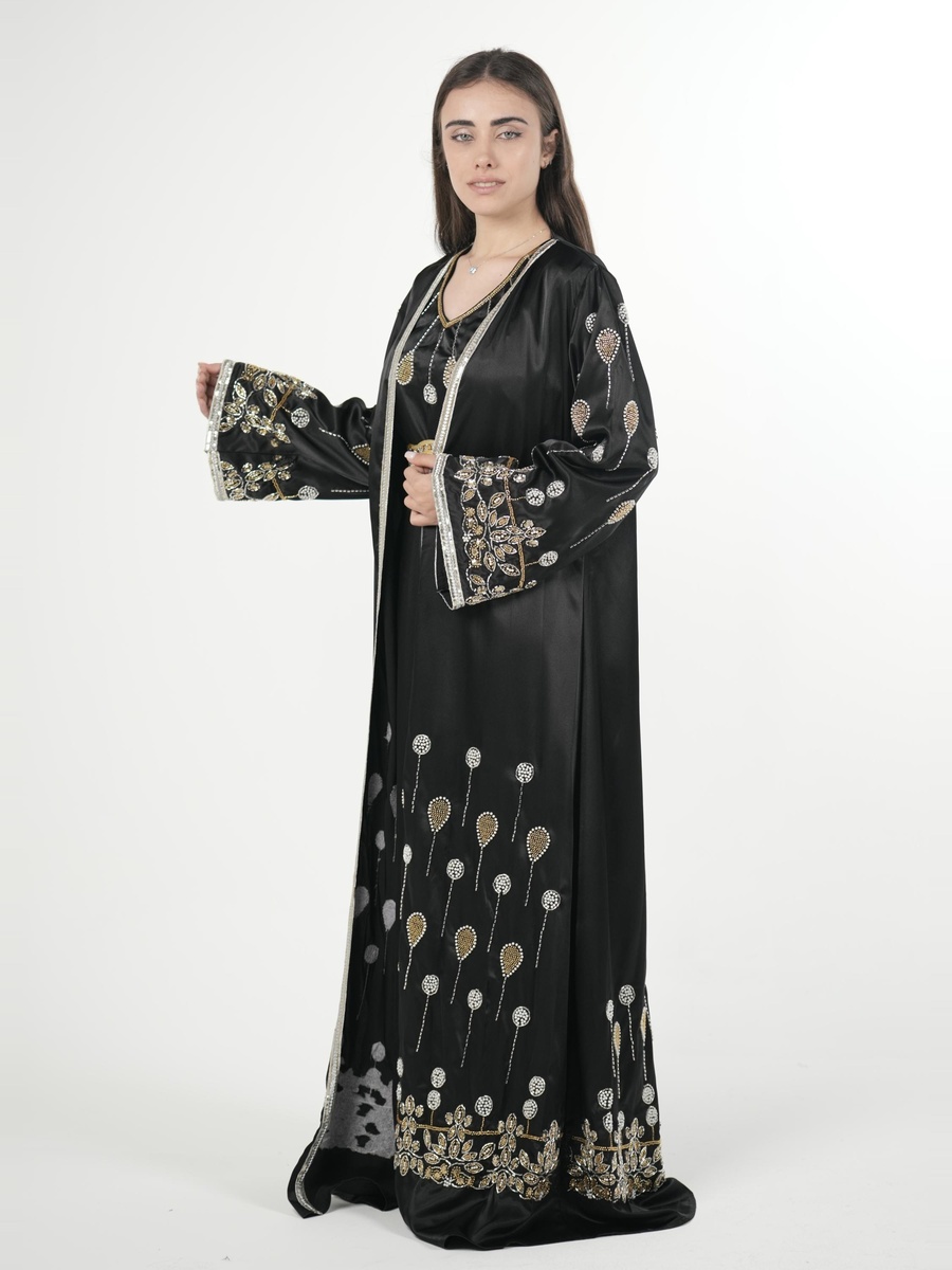 Black Satin Embroidered Belted Kaftan