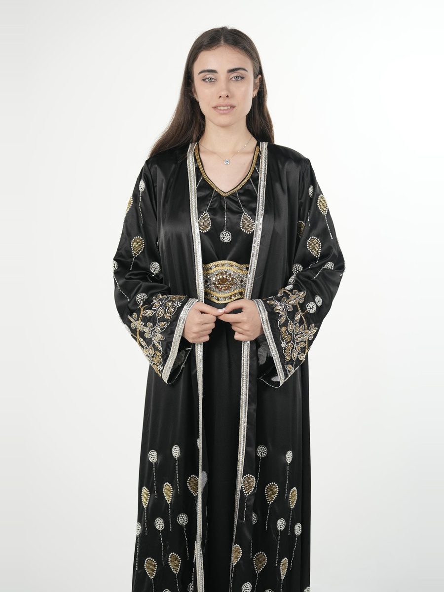 Black Satin Embroidered Belted Kaftan