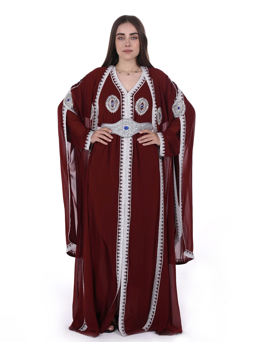 Burgundy Embroidered Belted Kaftan