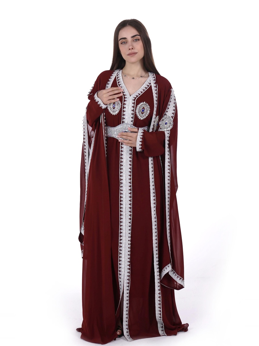 Burgundy Embroidered Belted Kaftan