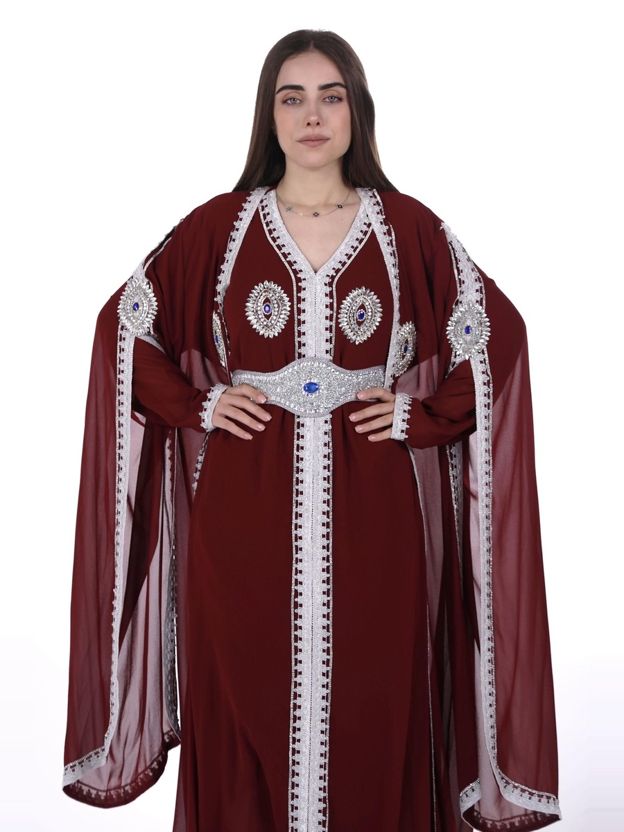 Burgundy Embroidered Belted Kaftan