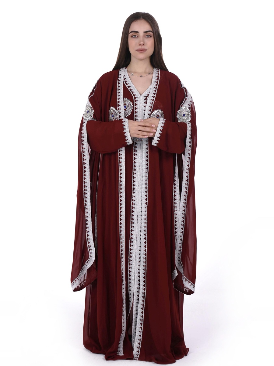 Burgundy Embroidered Belted Kaftan