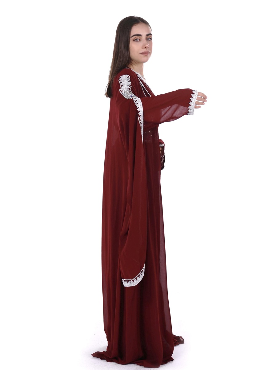 Burgundy Embroidered Belted Kaftan