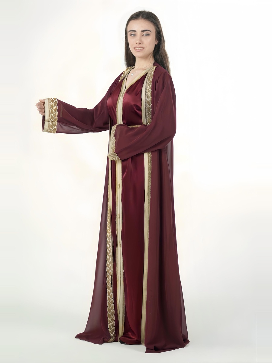 Burgundy Satin Embroidered Belted Kaftan