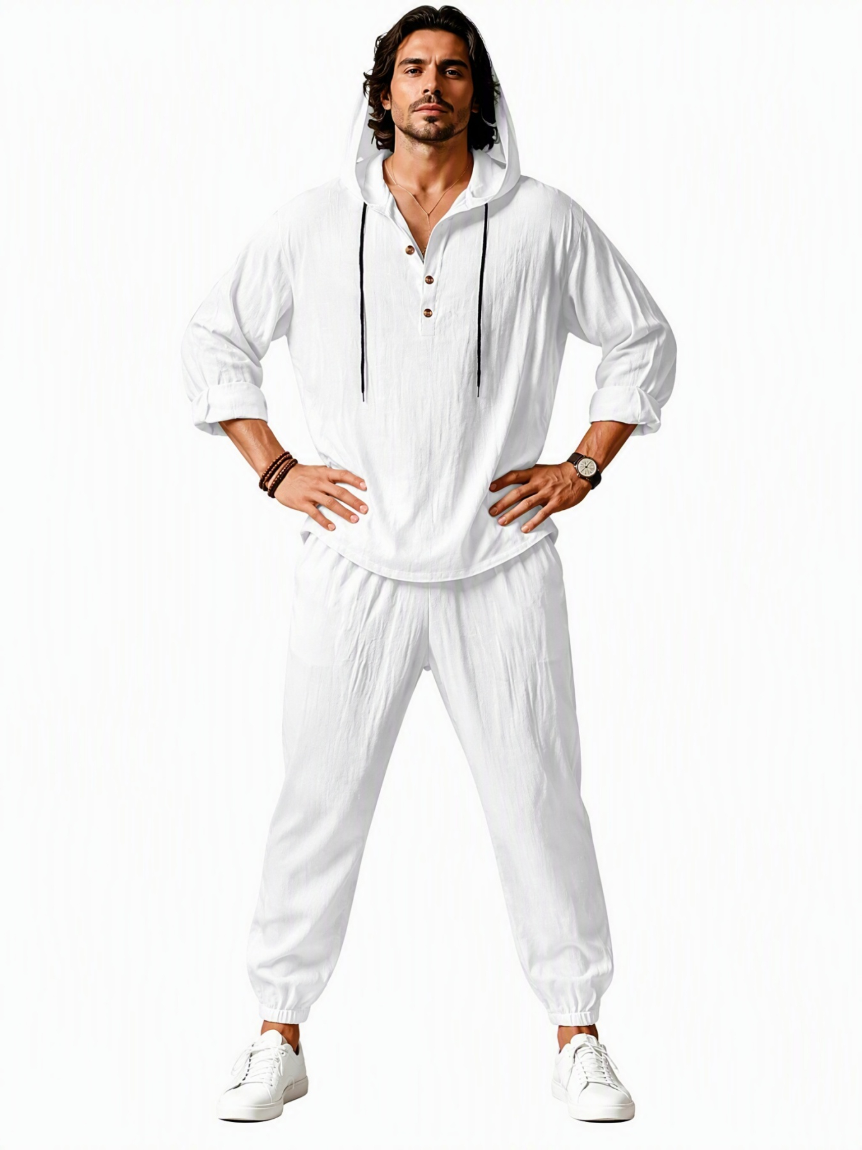 Men White Linen Hooded Henley Shirt and Trousers Set