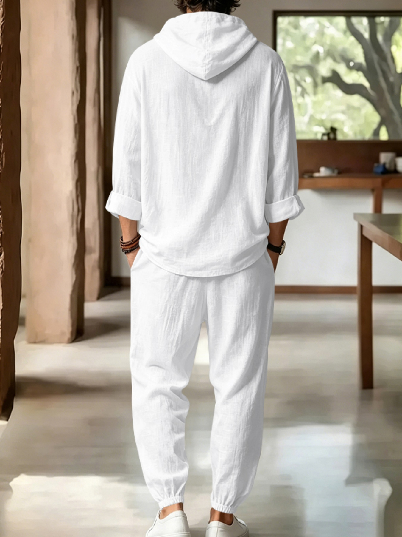 Men White Linen Hooded Henley Shirt and Trousers Set