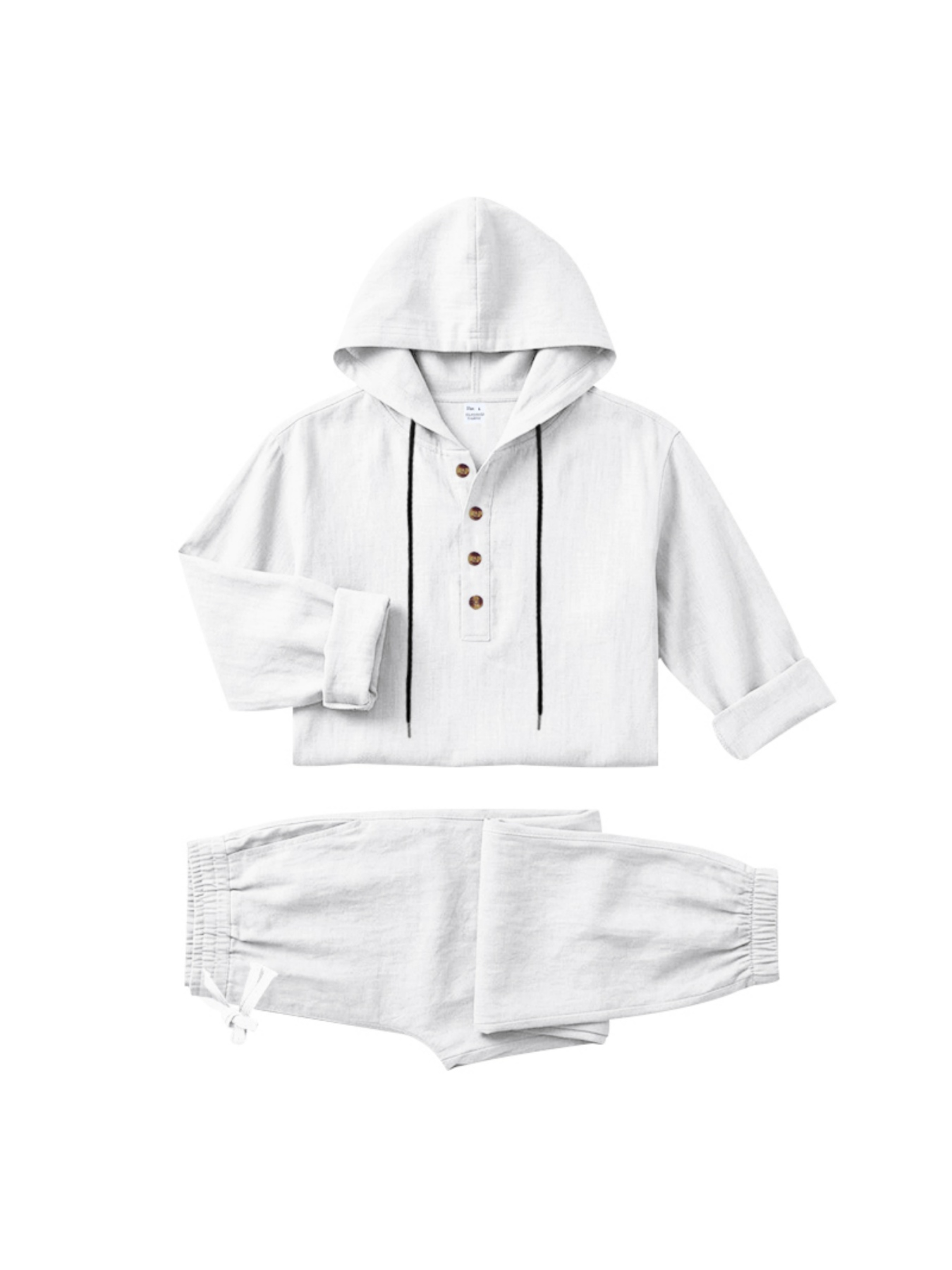 Men White Linen Hooded Henley Shirt and Trousers Set